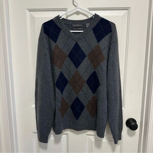 Giasone V-Neck Argyle Sweater Men Gray 100% Cashmere Size Large
